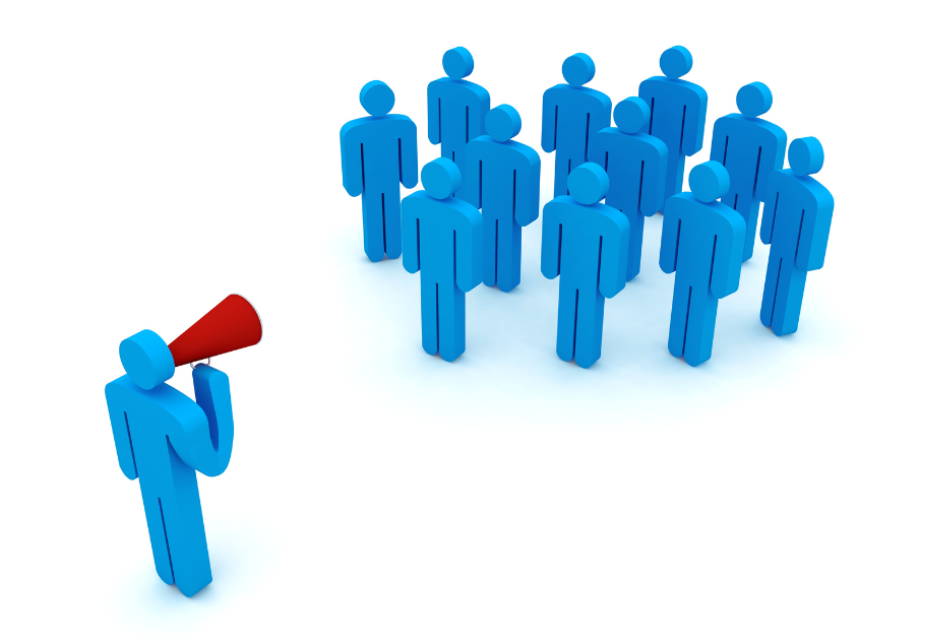 Blue figures representing a group of people, with one figure using a red megaphone to communicate with the larger group.